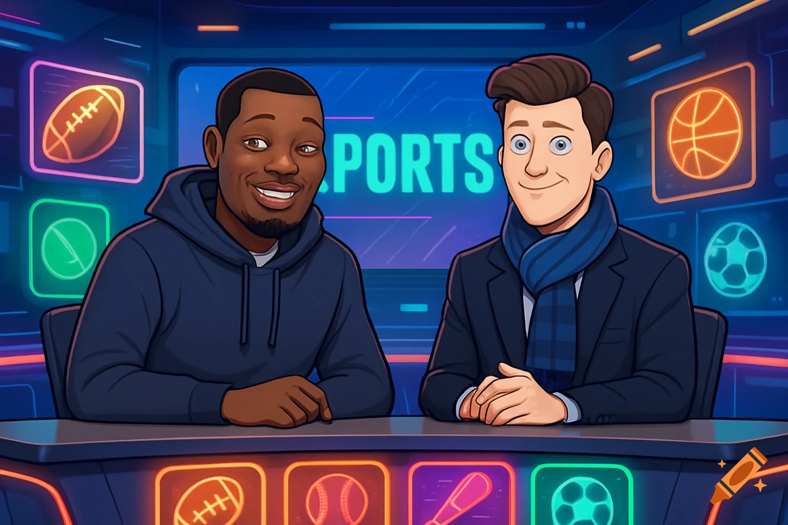 Cartoon of two male sports anchors, one dark-skinned in a hoodie and one pale-skinned in a scarf, at a futuristic news desk.