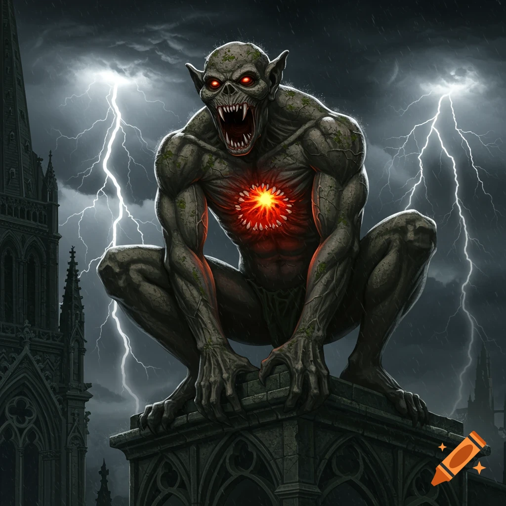 A demonic gargoyle with glowing red eyes and a bright red core in its chest, perched on a gothic building during a lightning storm.