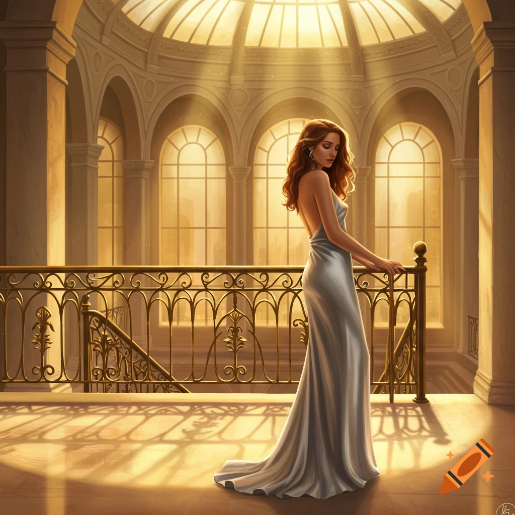 A woman in an elegant silver backless gown stands by a golden railing in a grand, sunlit classical hall, digital illustration.