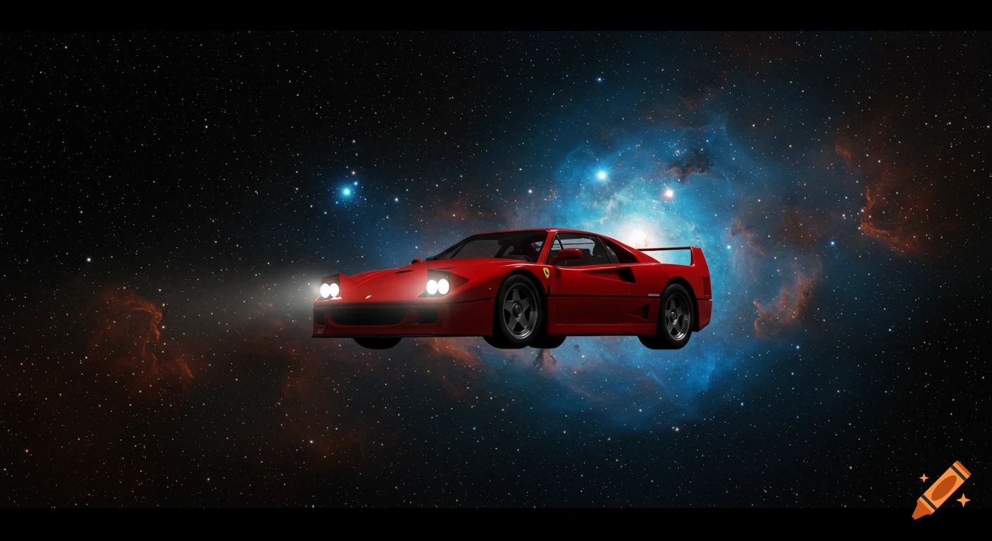 A red Ferrari F40 sports car with headlights on, floating in deep space among colorful nebulae and stars.