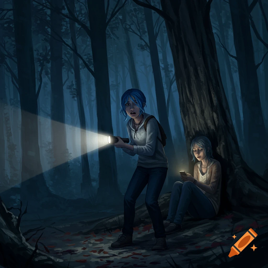 Two young women in a dark, illustrative forest; one with a flashlight looking scared, the other on a phone by a tree.