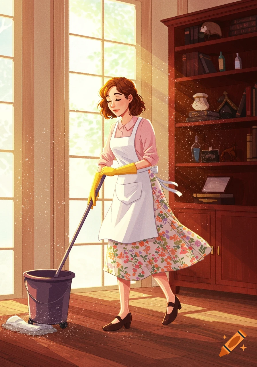 A woman in an apron and yellow gloves mops a sunlit wooden floor next to a bookshelf, in a cheerful illustration style.