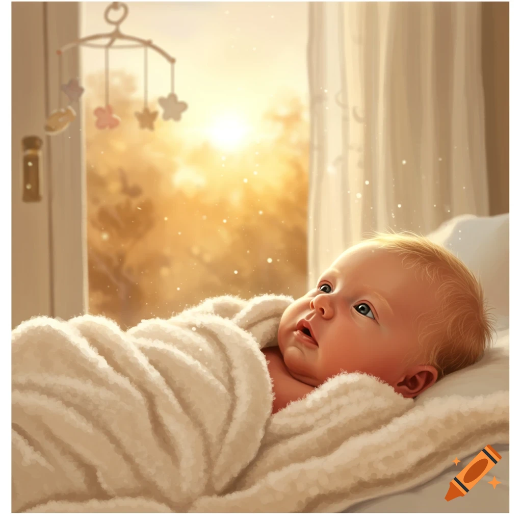 A newborn baby, wrapped in a white blanket, looks up from its bed near a window with a golden sunrise and a mobile.