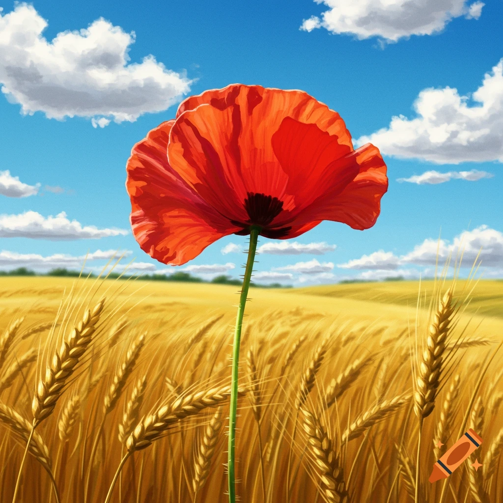 A vibrant red poppy stands tall in a golden wheat field under a blue sky with white clouds, in a painterly style.