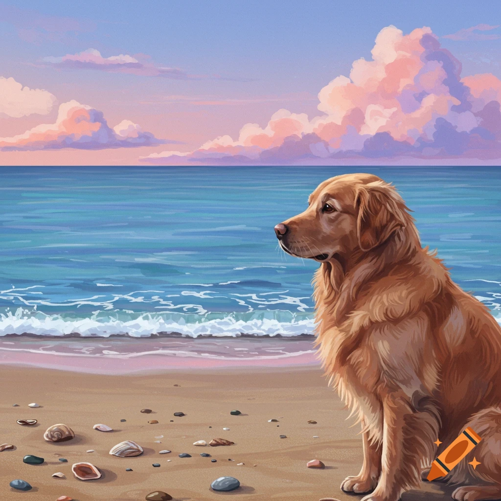 A Golden Retriever sits on a sandy beach, looking out at the calm blue  ocean under a pastel pink and blue sky, painted style. on Craiyon, image size:1024x1024