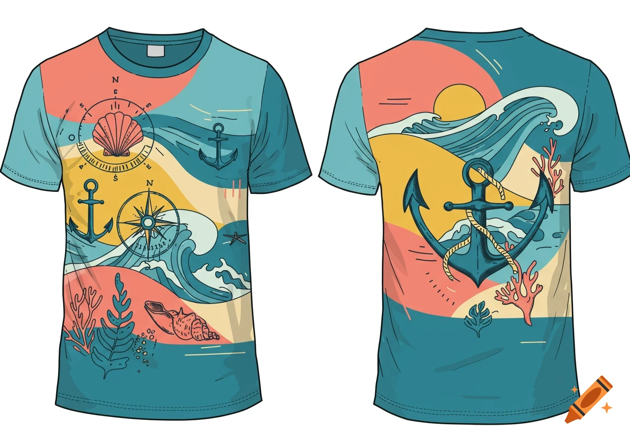 Front and back view of a graphic t-shirt with a retro nautical design featuring anchors, seashells, compass roses, waves, and coral in teal, orange, yellow, and blue.