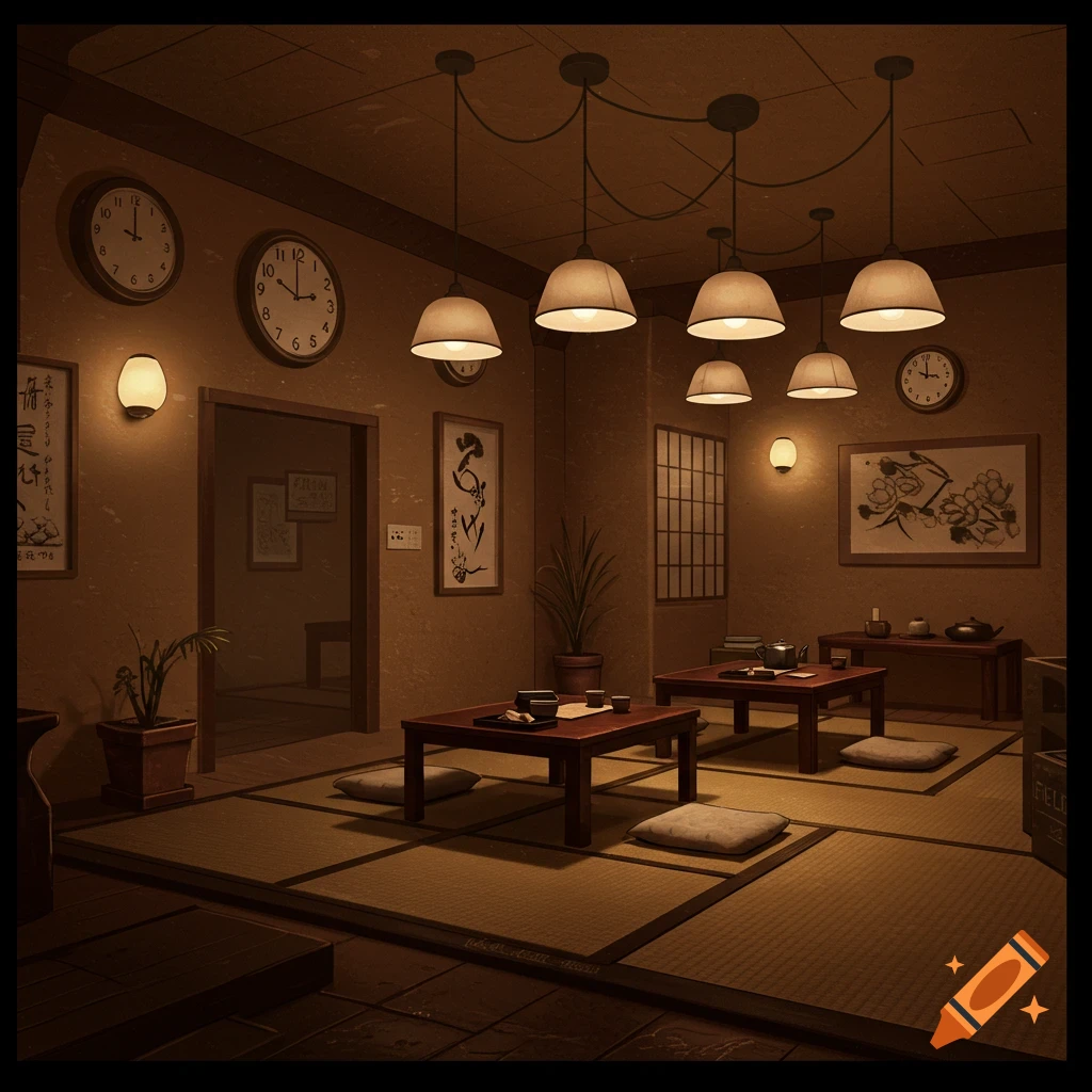 A dimly lit Japanese-style cafe interior with low tables on tatami mats, several pendant lights, and wall clocks showing different times.