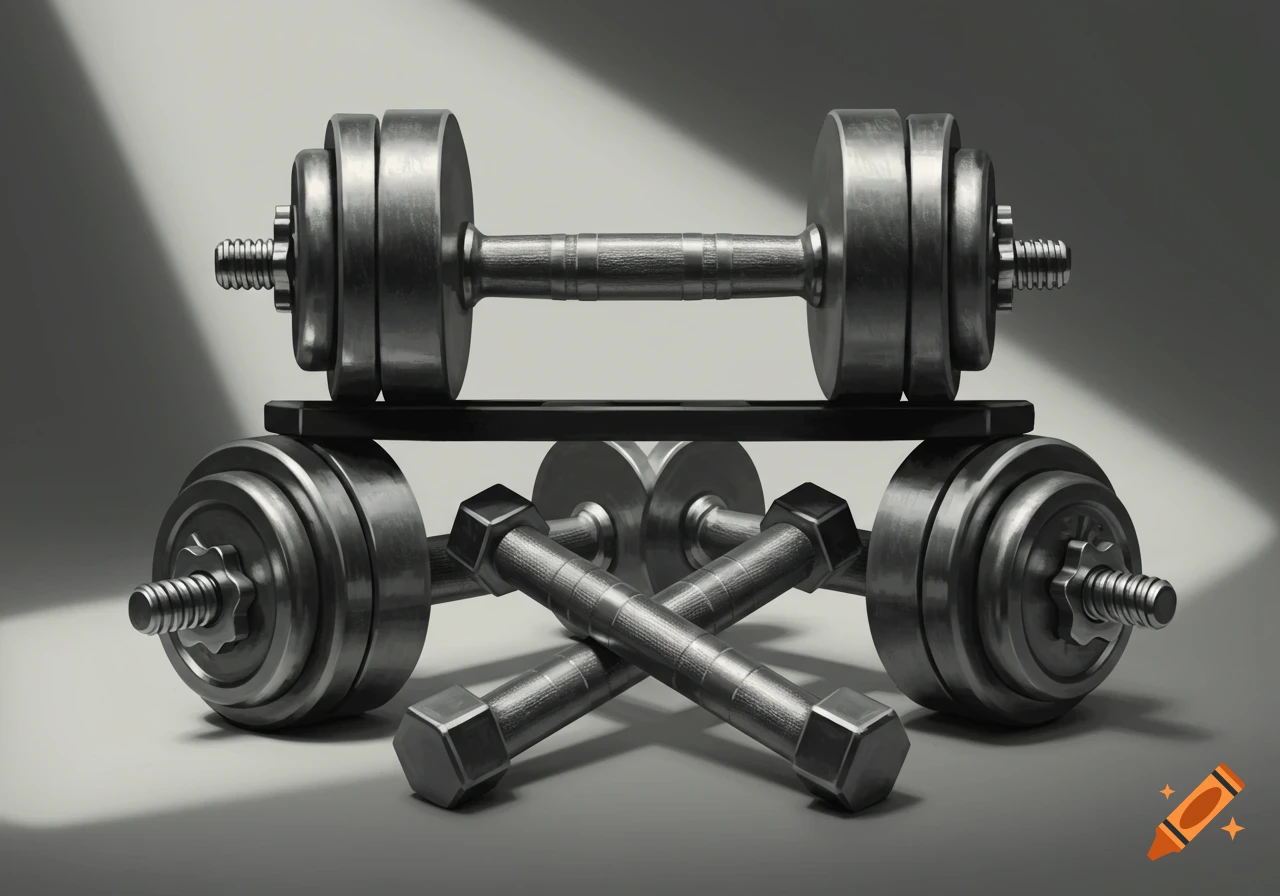 A black and white still life photo showing multiple metallic dumbbells. One large dumbbell rests on a stand, with two more large dumbbells and two smaller crossed dumbbells below it.