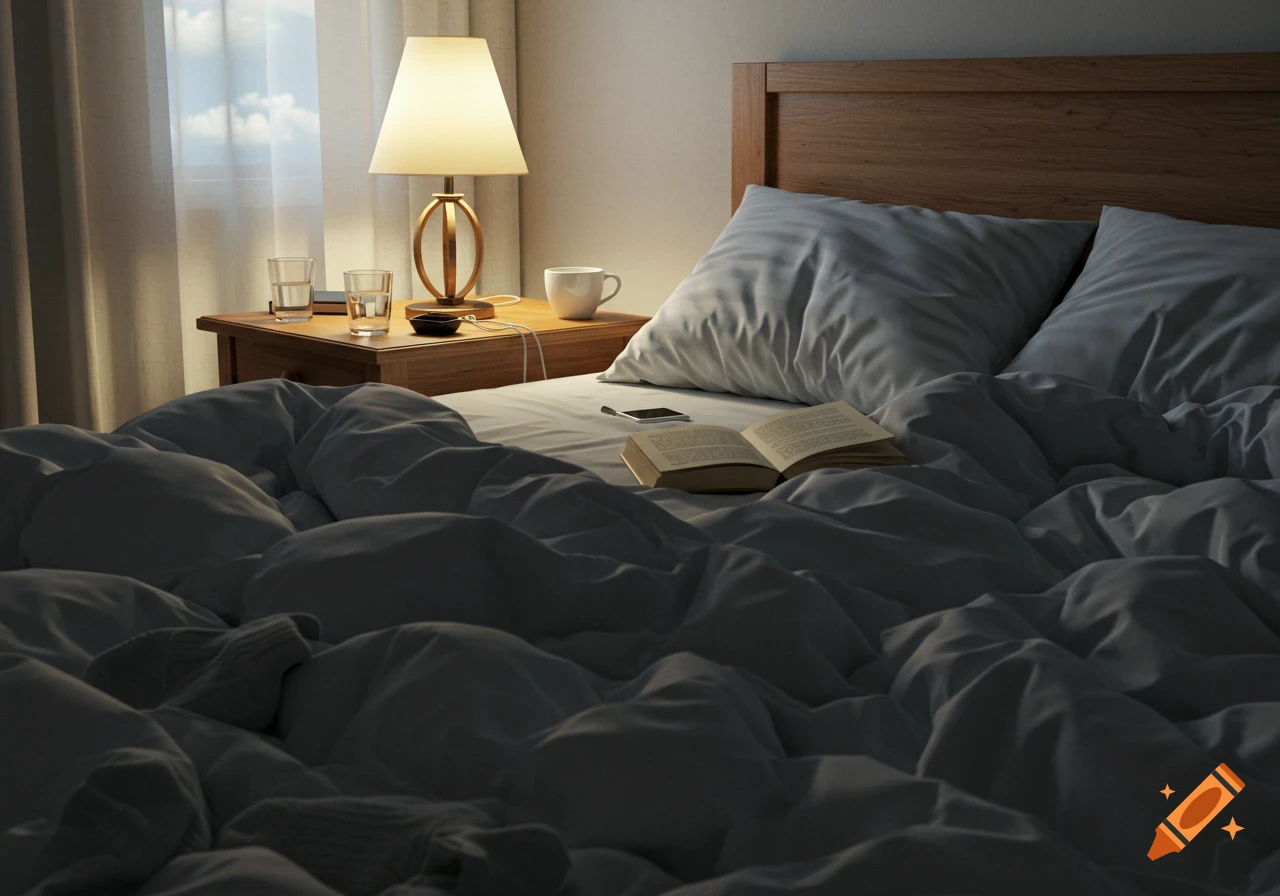 A photorealistic image of a disheveled bed in a dimly lit bedroom, with a nightstand, lamp, and open book.
