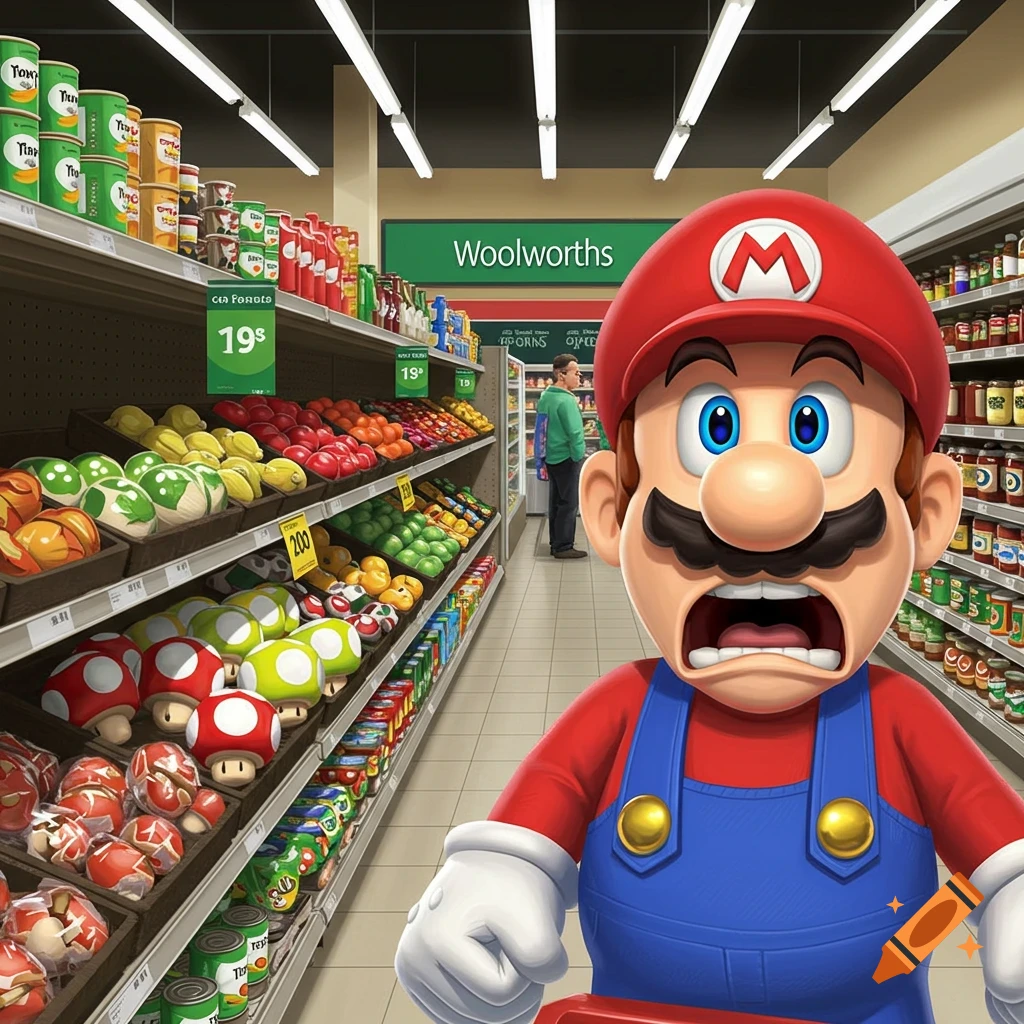 Mario looks shocked and upset in a Woolworths supermarket aisle with shelves full of produce, including many mushroom-shaped items.