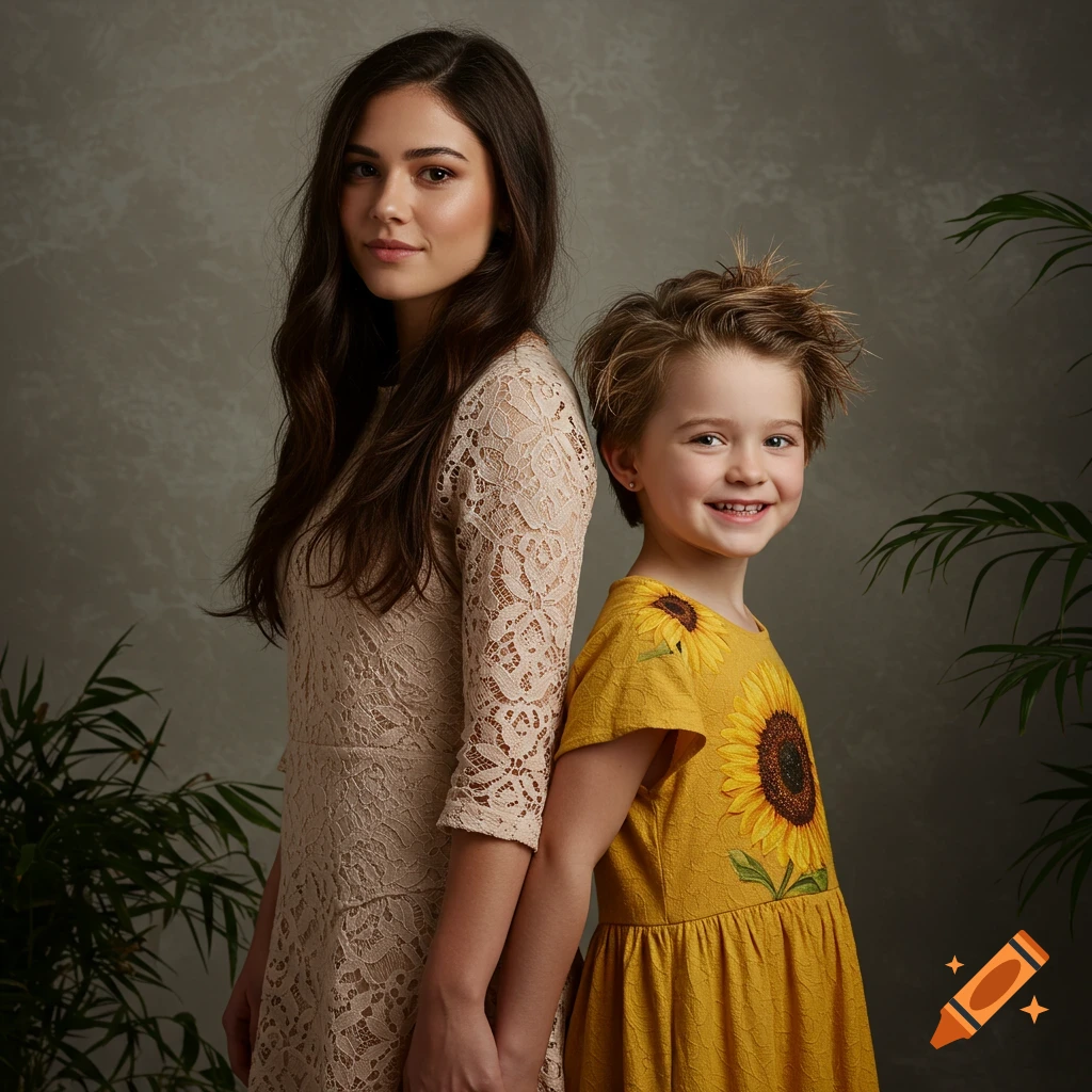 Photorealistic portrait of a woman in a lace dress and a child in a sunflower dress, standing back-to-back in a studio.