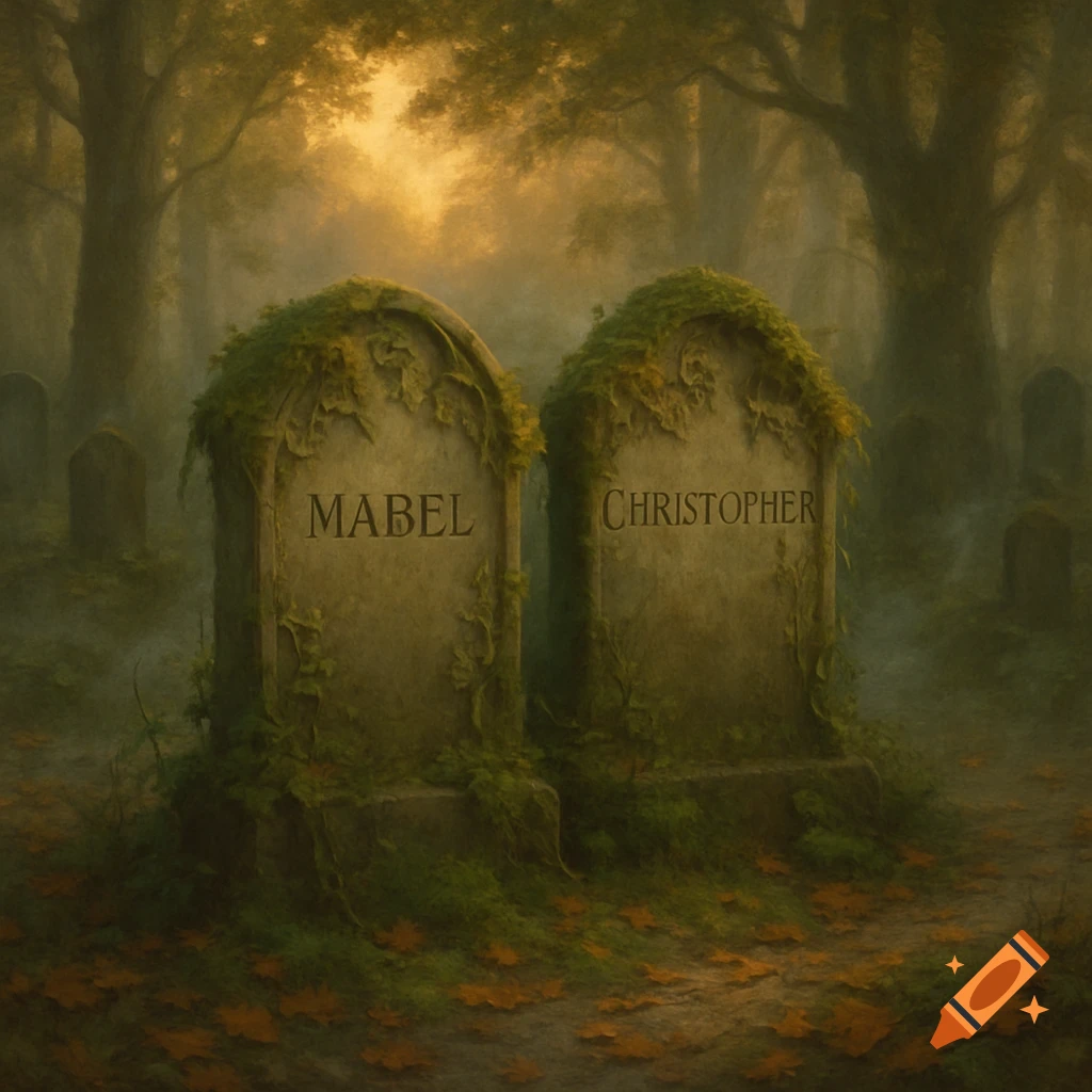 Two moss-covered headstones, one reading 'MABEL' and the other 'CHRISTOPHER', stand in a misty, overgrown graveyard at sunset.