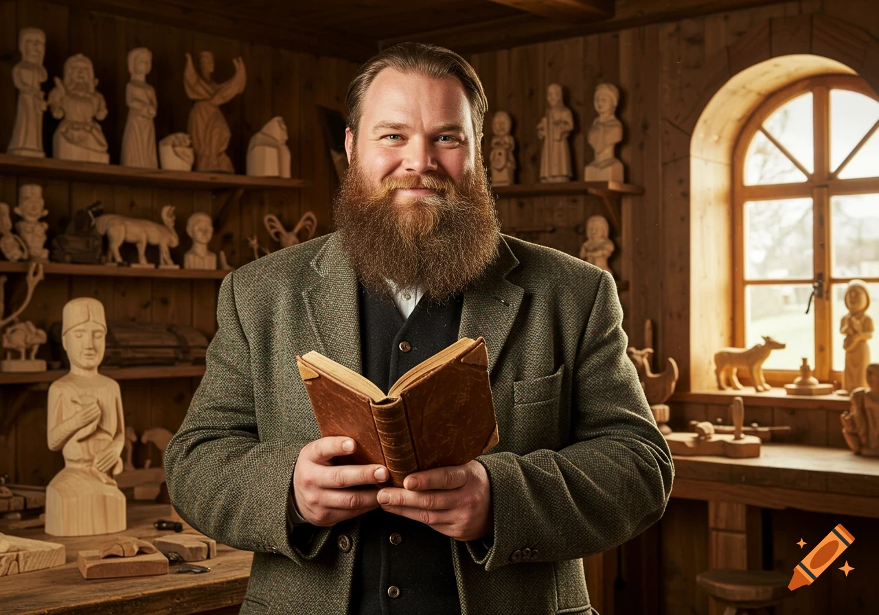 A smiling bearded man in a tweed jacket holds an old book in a rustic workshop filled with various wooden carvings.