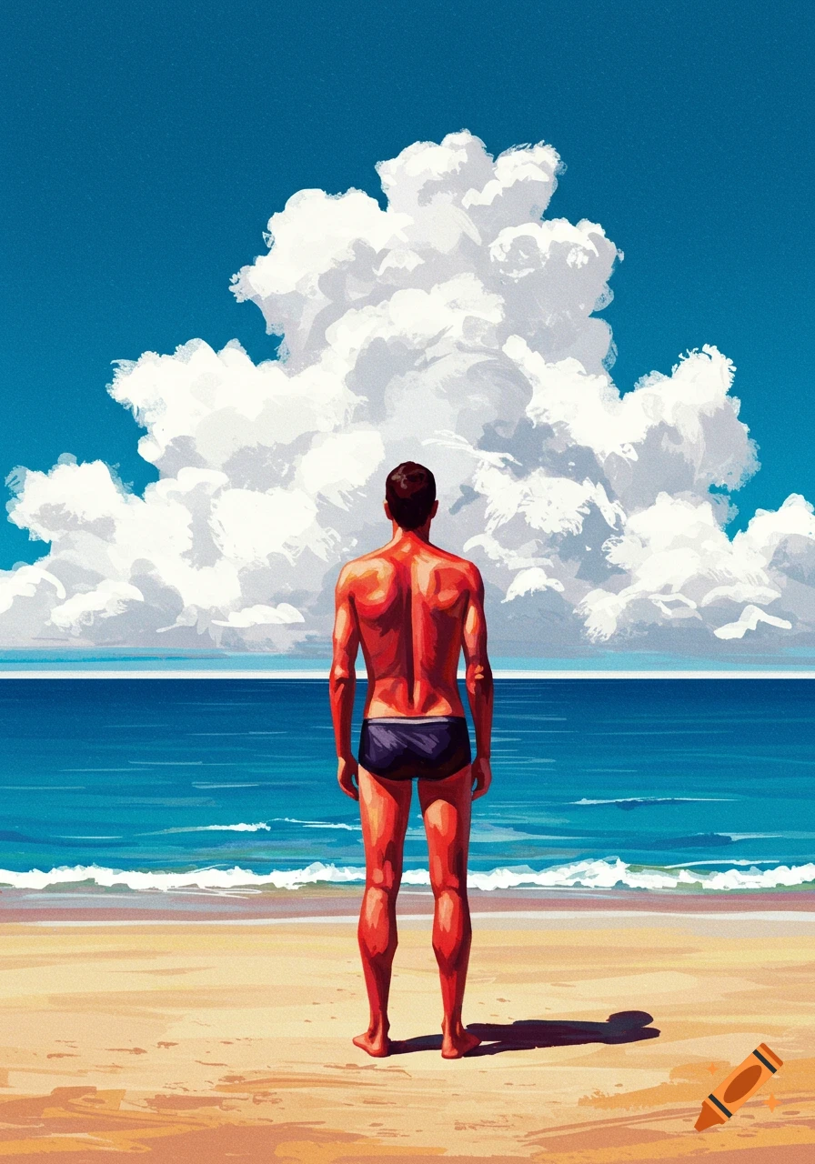 A stylized painting of a man in swimming shorts, with red and orange skin, standing on a beach and gazing at a vast blue sea under towering white clouds.