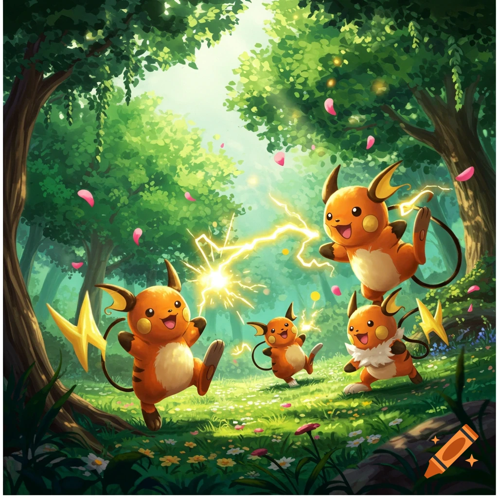 Multiple Raichu Pokémon playing in a vibrant, sunlit forest, emitting bolts of electricity, in an illustrated style.