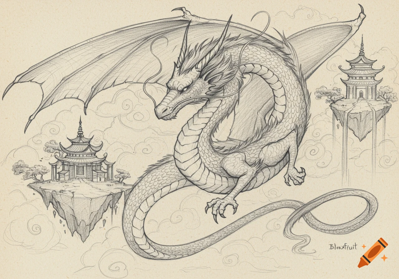 Pencil sketch of an Eastern dragon flying among floating pagodas and clouds on aged paper.