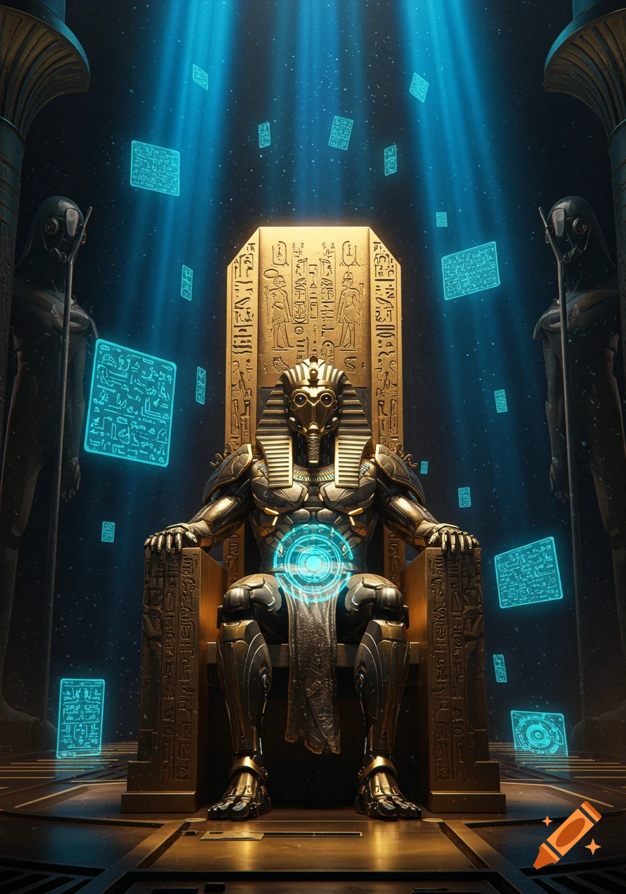 A cybernetic pharaoh in golden exosuit armor sits on an ornate throne in a futuristic temple, surrounded by glowing blue holographic hieroglyphs.