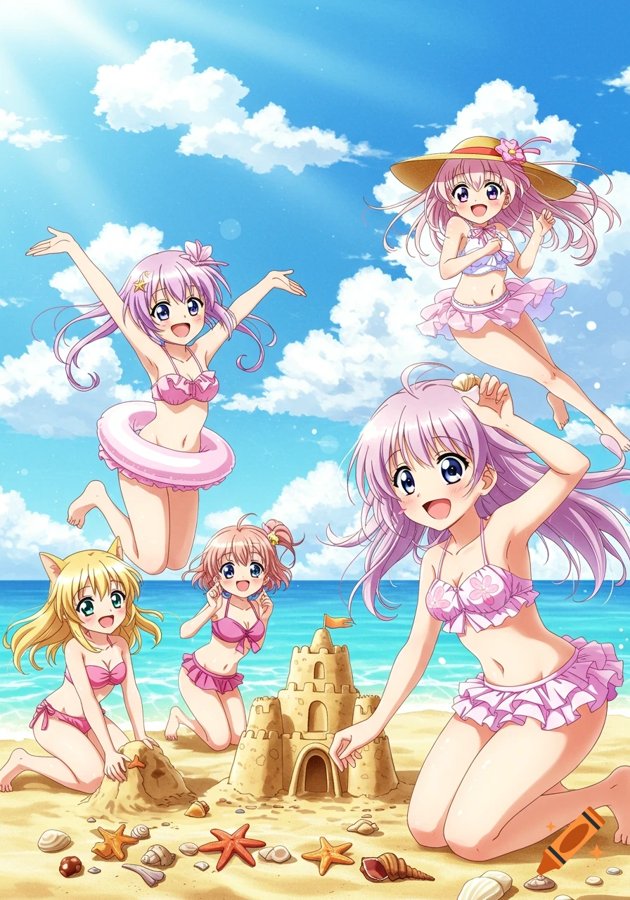 Five anime girls in pink swimsuits play on a sunny beach with sandcastles and seashells under a blue sky.