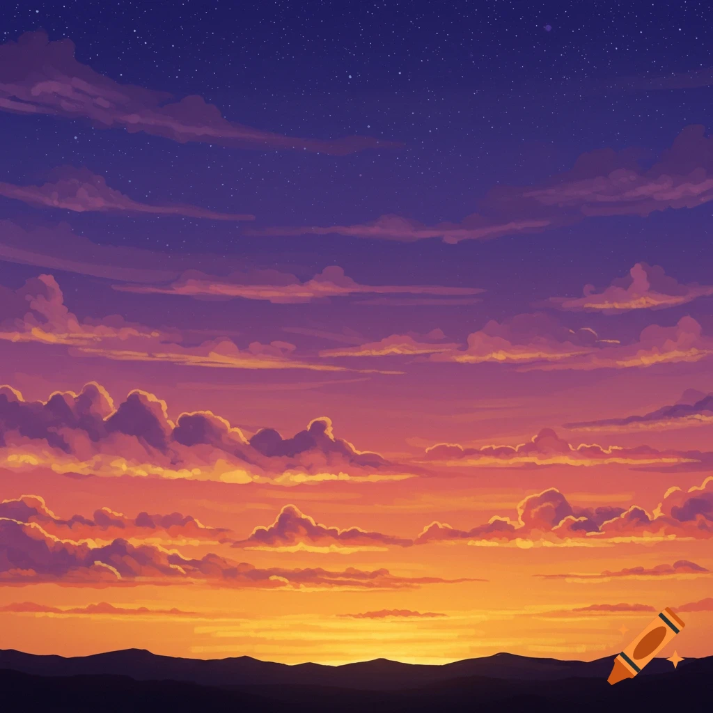 A vibrant sunset sky with orange and purple clouds over dark mountains, transitioning to a starry night.