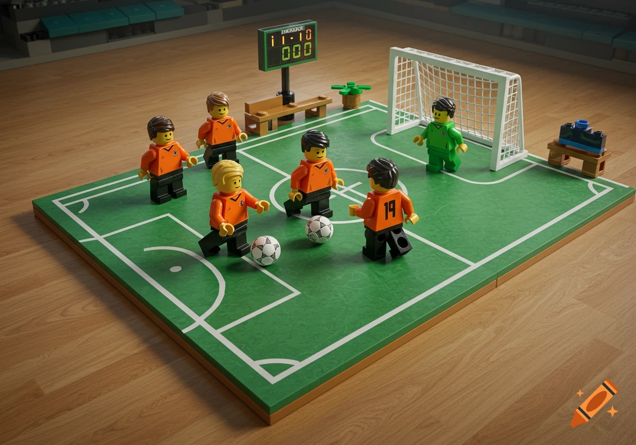 Lego minifigures play futsal on a green court, with orange-clad players and a green goalie near a goal and a scoreboard.