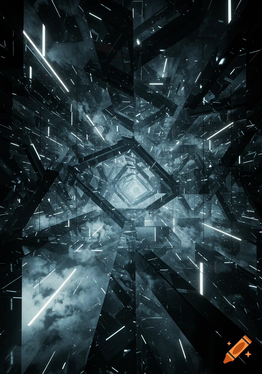 Dark, disorienting mirrored corridor with glowing light streaks and smoke, creating an endless, futuristic abstract space.