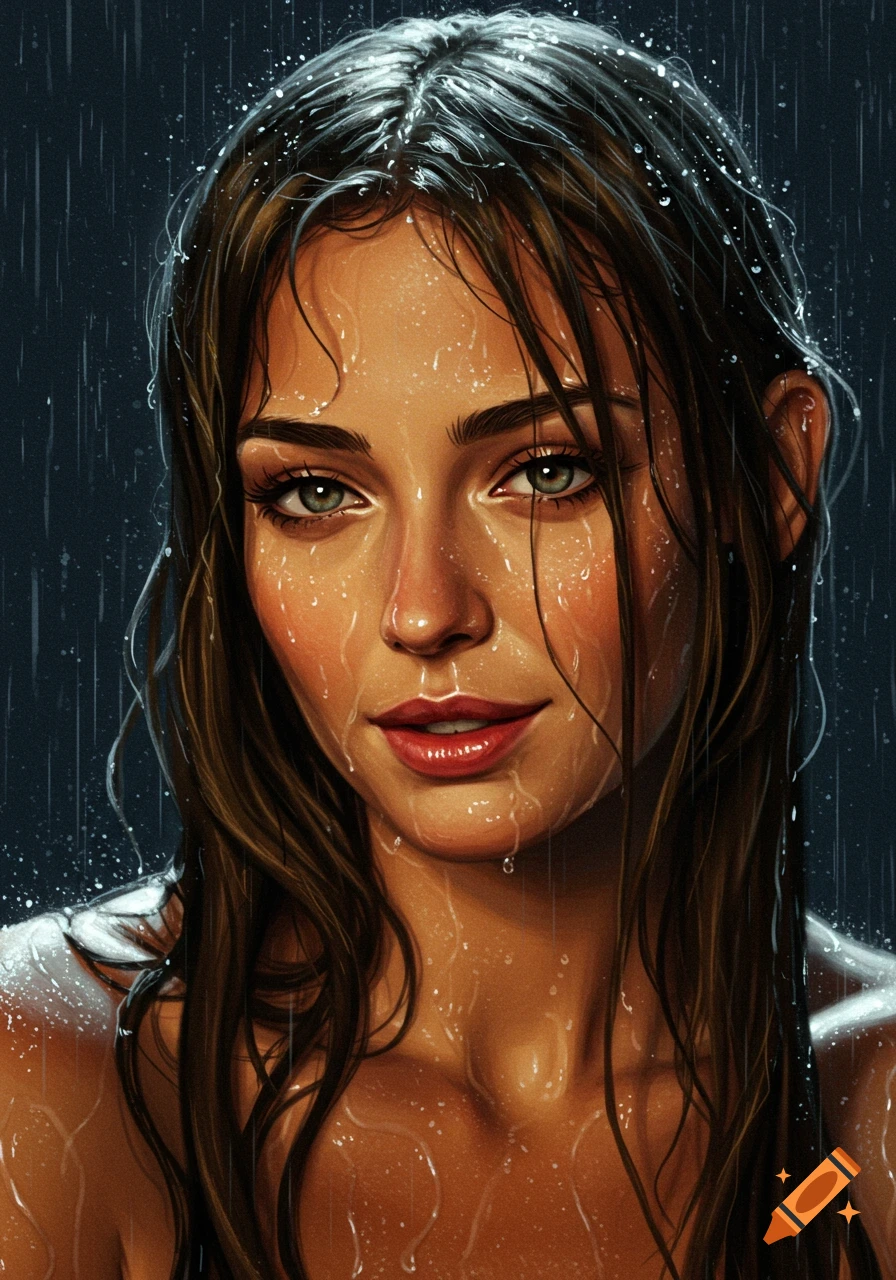 Close-up of a woman with long, wet brown hair and glowing eyes, raindrops on her face and shoulders, looking at the camera. Digital art.