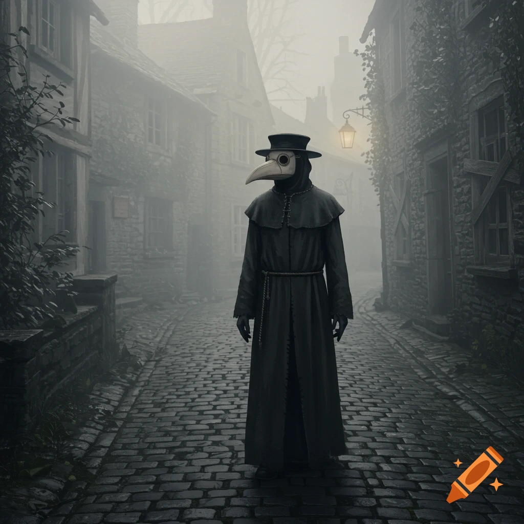 A mysterious plague doctor in a black coat stands on a foggy cobblestone street lined with old buildings.