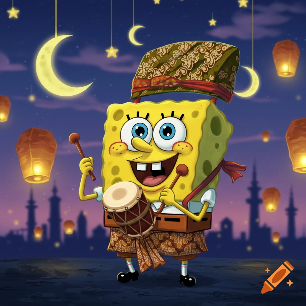 Spongebob Squarepants in traditional patterned attire plays a drum under a vibrant night sky with moons, stars, and sky lanterns.
