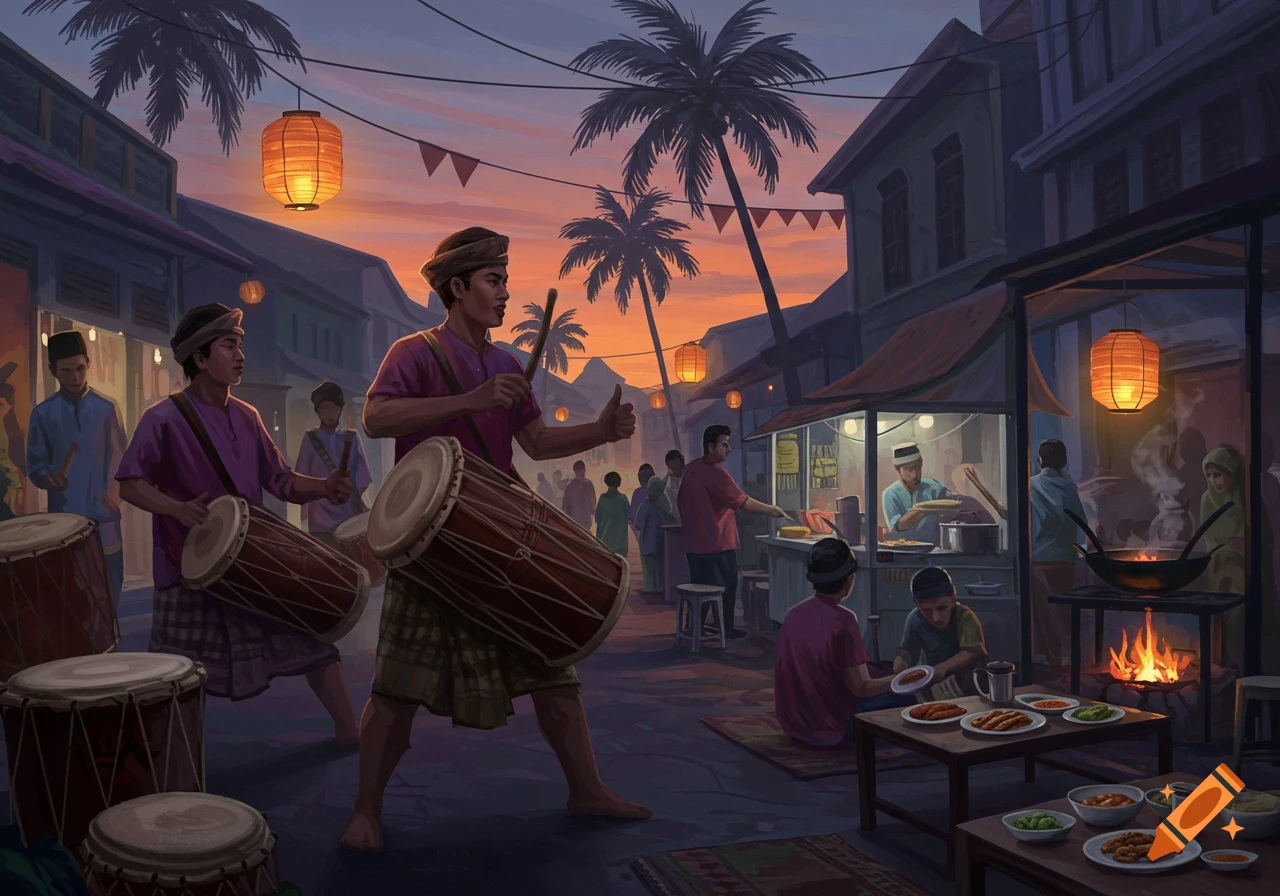 Vibrant illustration of a Southeast Asian night market at sunset, with drummers, food stalls, and people enjoying meals.