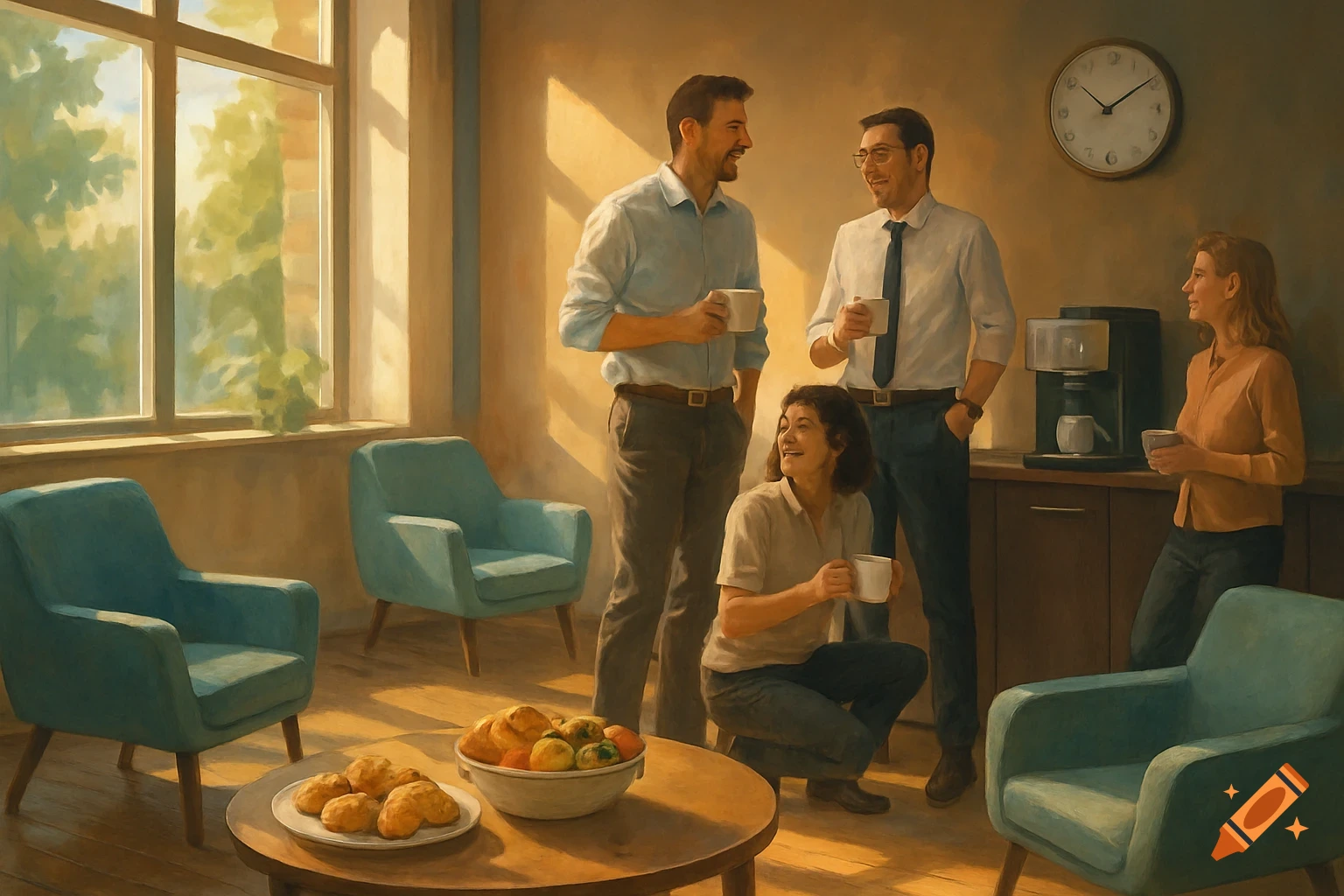Four smiling colleagues chatting during a coffee break in a sunlit room with teal armchairs, coffee maker, and a table with pastries and fruit.