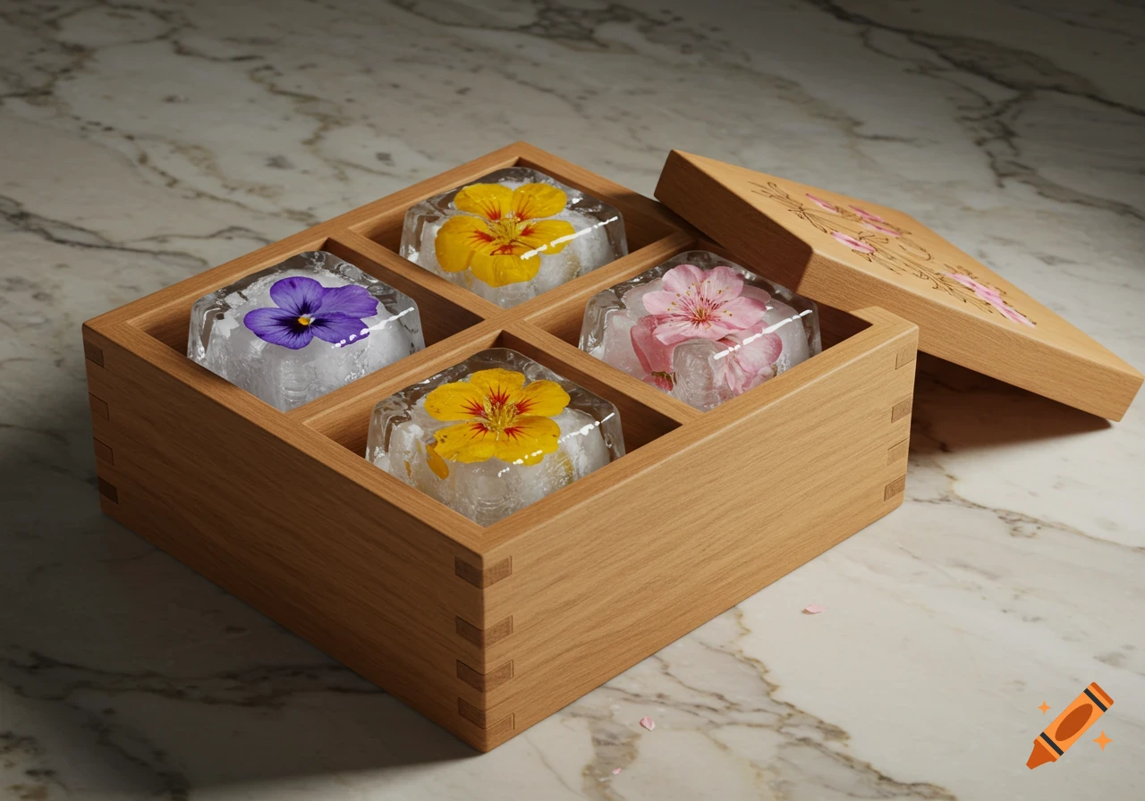 Four ice cubes with embedded edible flowers sit in a wooden box with its lid ajar, on a marble surface. Photorealistic.