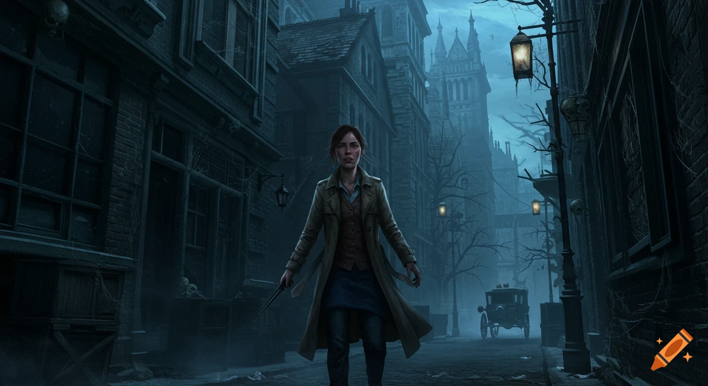 A young woman in a trench coat walks cautiously through a dark, foggy gothic Victorian city street at night, holding a knife.