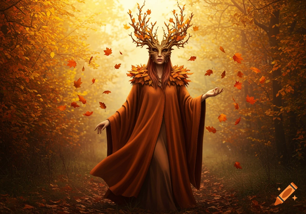 A fantasy forest spirit with an antler mask and autumn cloak stands amidst falling golden leaves in a sunlit forest.