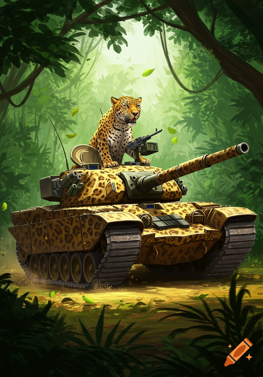 An illustrated leopard sits atop a leopard-print tank in a lush jungle, with falling leaves.