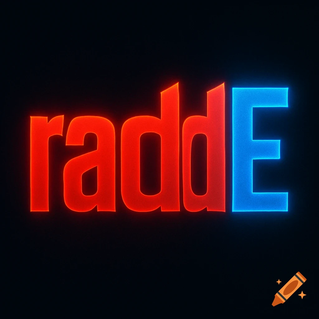 The word 'raddiE' with red and blue neon glow effect on a dark background, in a cyberpunk style.