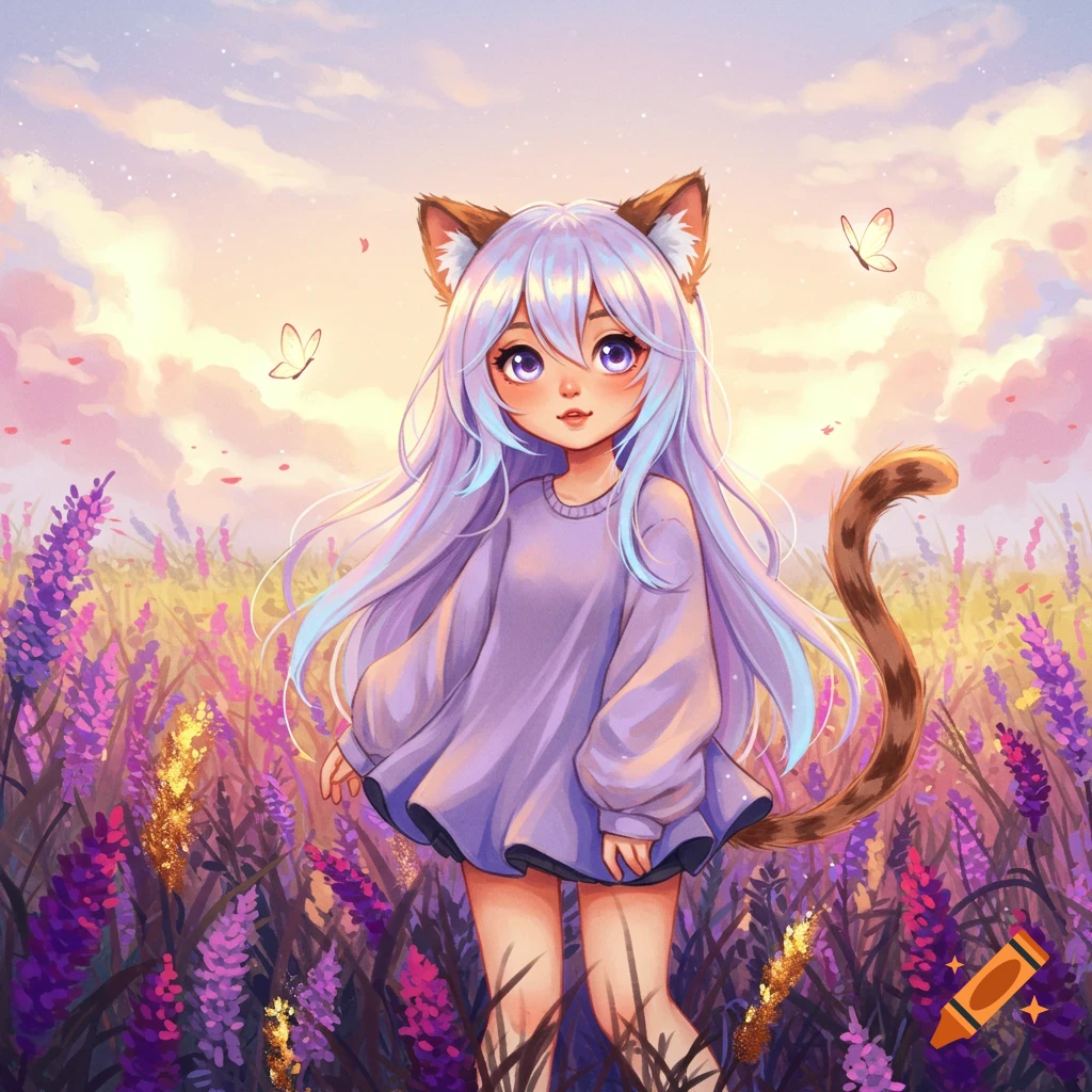 Anime cat girl with long purple hair and cat ears, standing in a field of purple flowers under a pastel sky with butterflies.