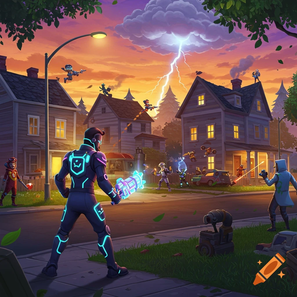 A stylized, colorful illustration of a battle scene in a suburban neighborhood at sunset with lightning, featuring characters reminiscent of Fortnite.