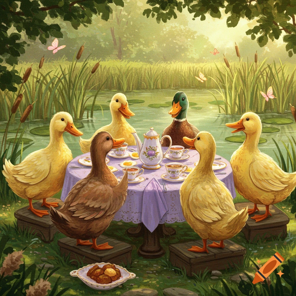 Whimsical illustration of six ducks having a tea party by a pond in a lush forest.