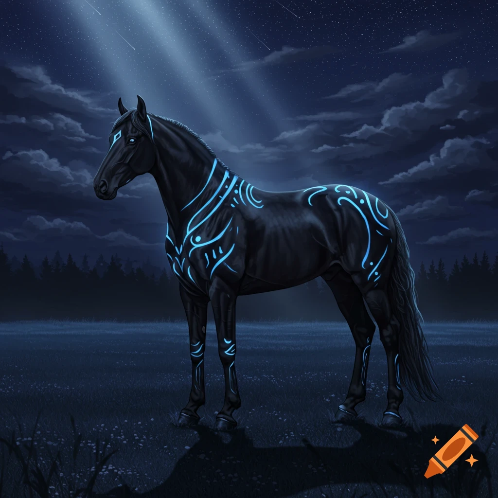 A midnight black horse with glowing blue markings stands in a dark field under a starry night sky.