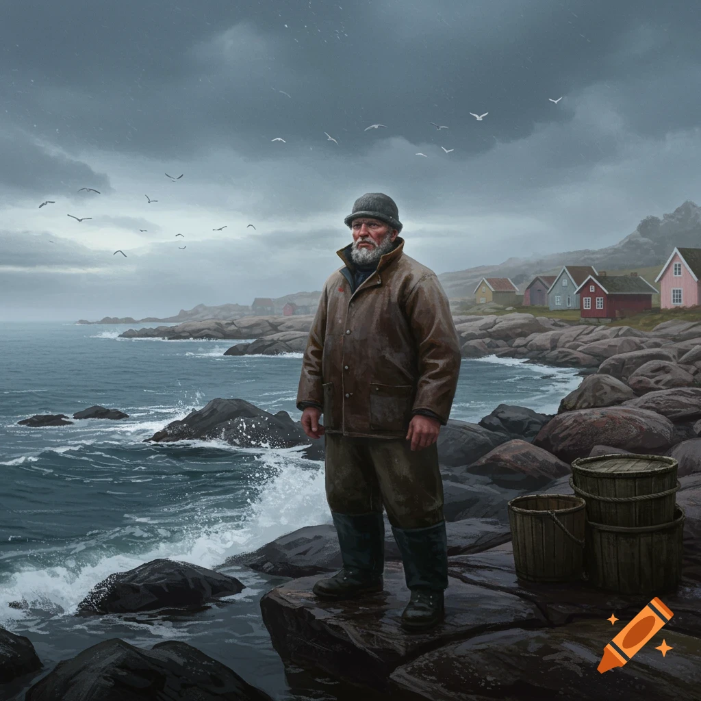 An old bearded fisherman in a brown coat stands on a rocky, stormy coast with a rough sea and colorful houses in the background.