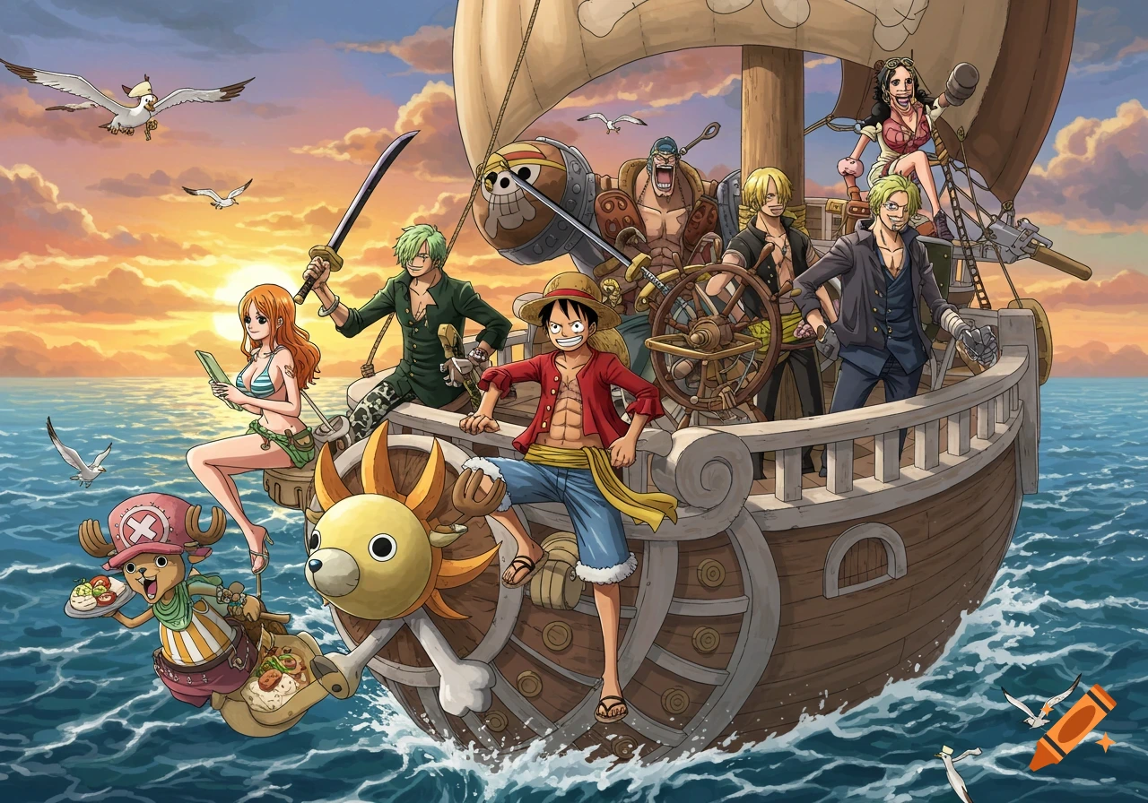 Anime illustration of the Straw Hat Pirates crew on the Thousand Sunny ship, sailing at sunset.