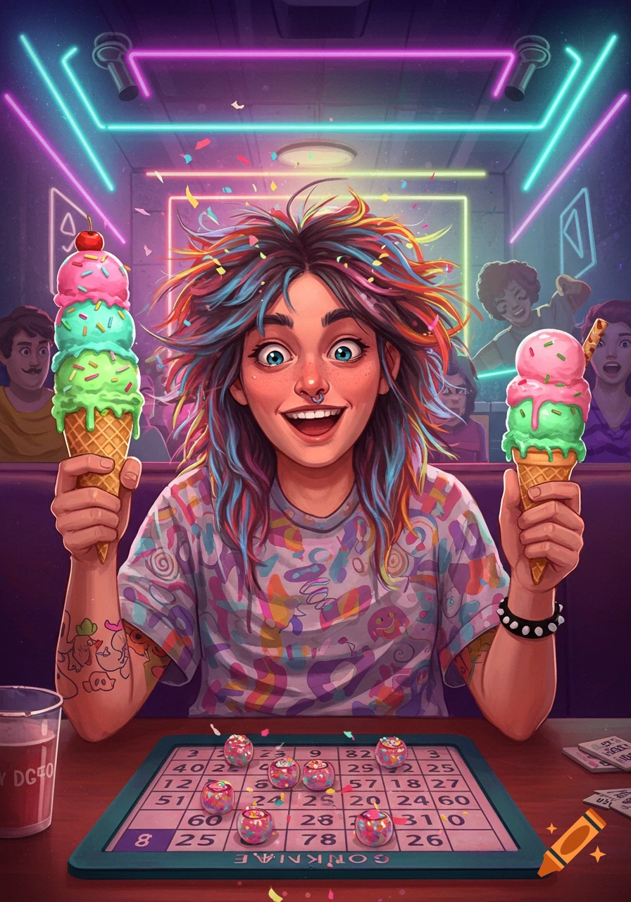 An energetic person with colorful, messy hair smiles widely, holding two multi-scoop ice cream cones at a neon-lit bingo hall.