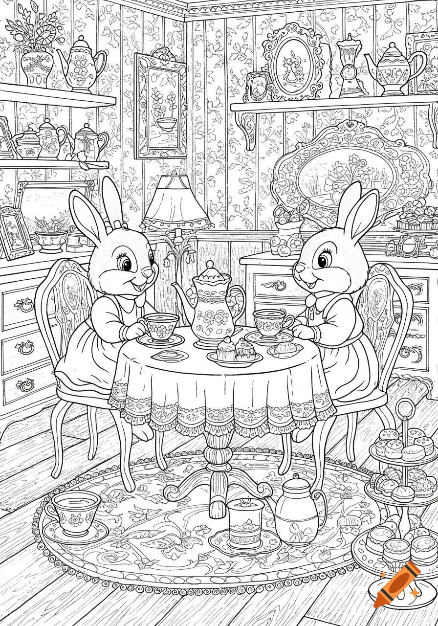 Two cute cartoon rabbits in dresses having a tea party in a detailed room, black and white coloring page style.