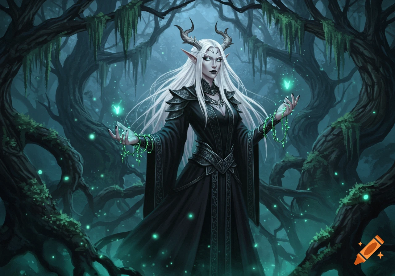 A white-haired goth elf druid with horns in a mystical dark forest, holding glowing green magic. Detailed fantasy art.