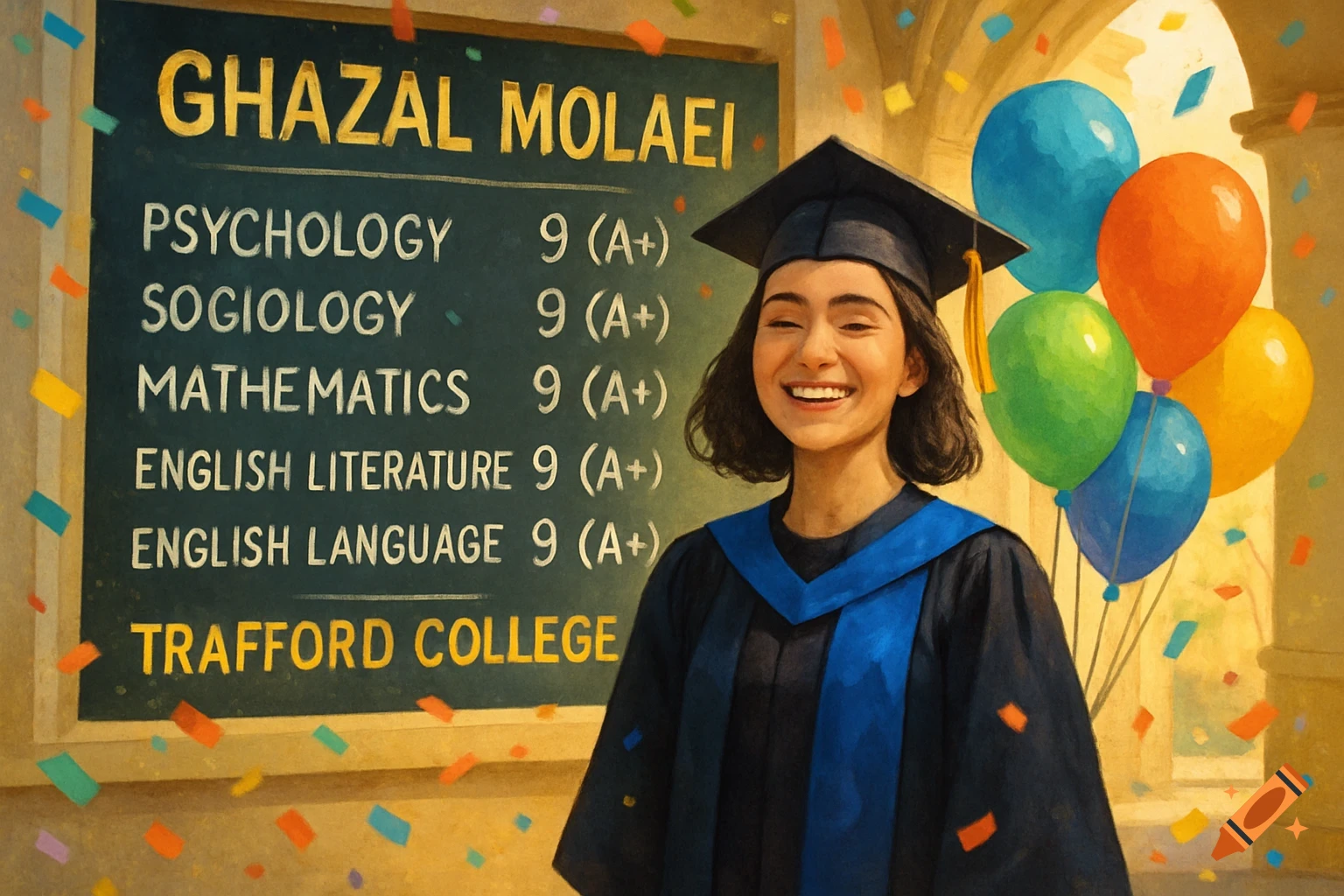 A smiling young woman in a graduation gown and cap stands next to a blackboard listing her academic results, with balloons and confetti.