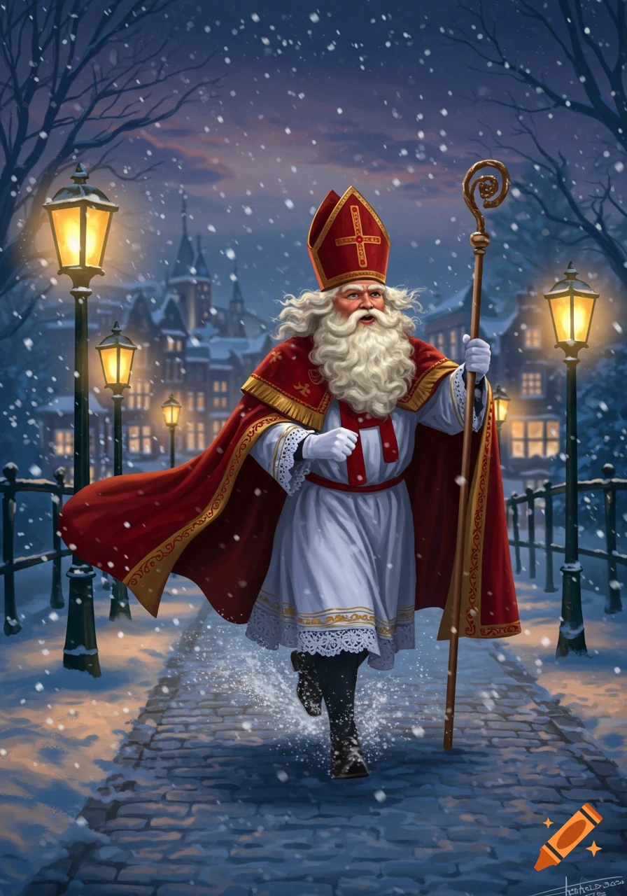 Sinterklaas runs down a snowy street at night, holding a staff, illuminated by lanterns, with a festive European town in the background.