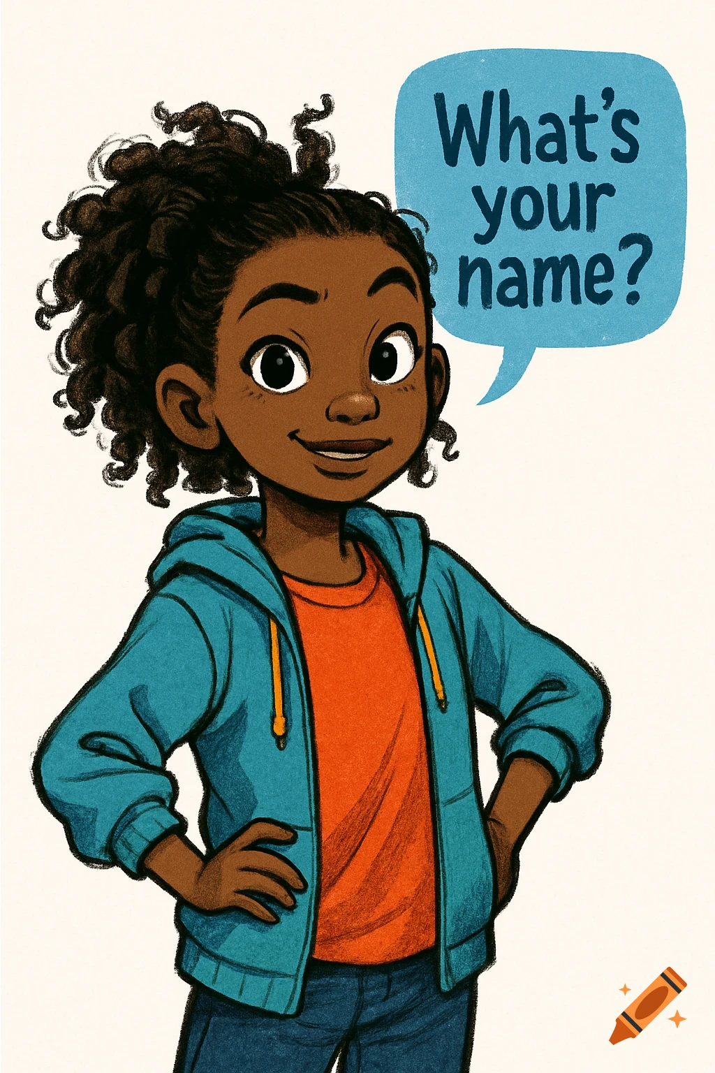Cartoon illustration of a smiling girl with curly hair, wearing a blue hoodie and orange shirt, with a speech bubble saying 'What's your name?'