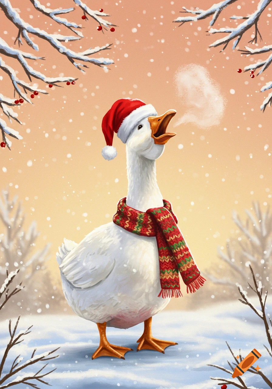 An illustration of a white goose in a Santa hat and scarf, honking in falling snow against a warm sky.