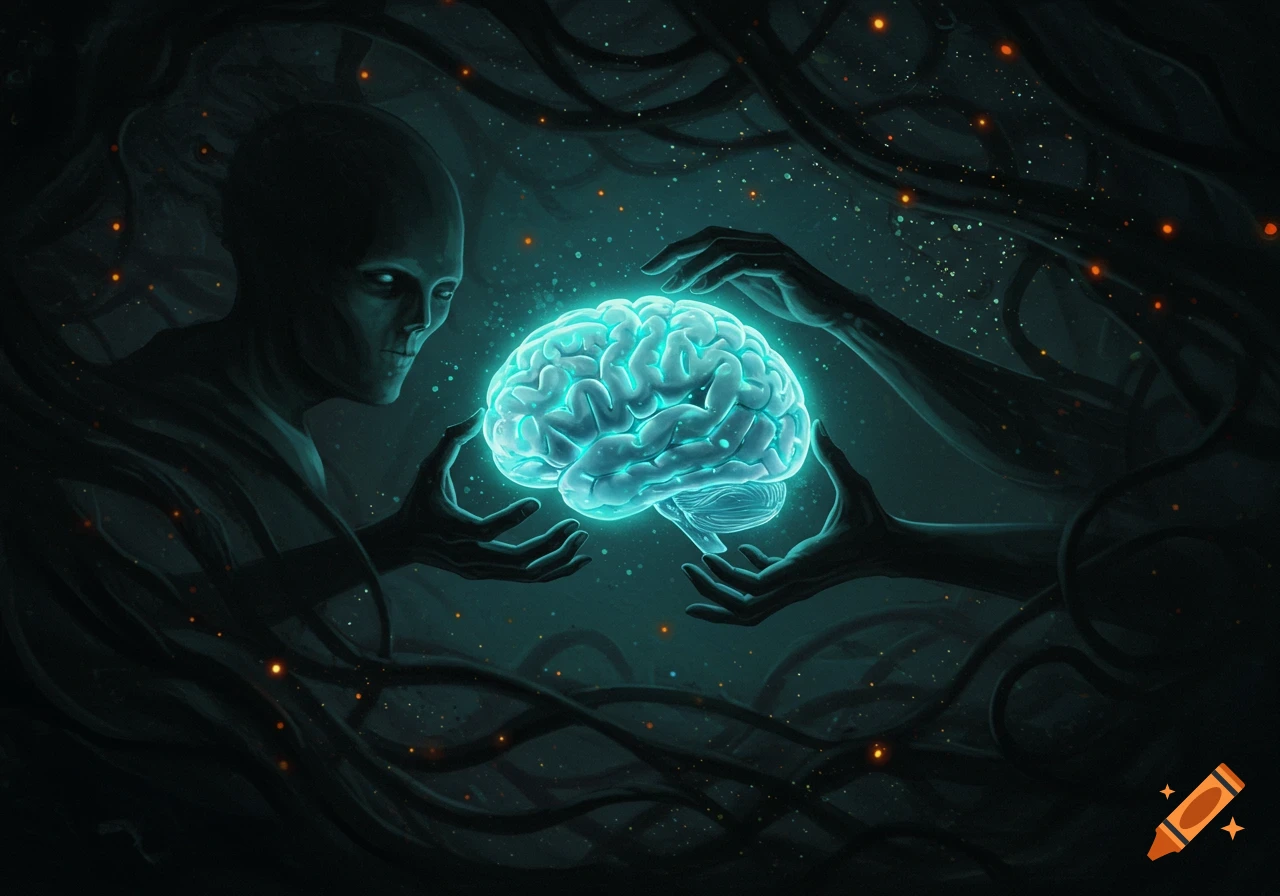 A shadowy figure and hands hold a glowing blue brain in a dark, ethereal setting with shimmering particles.