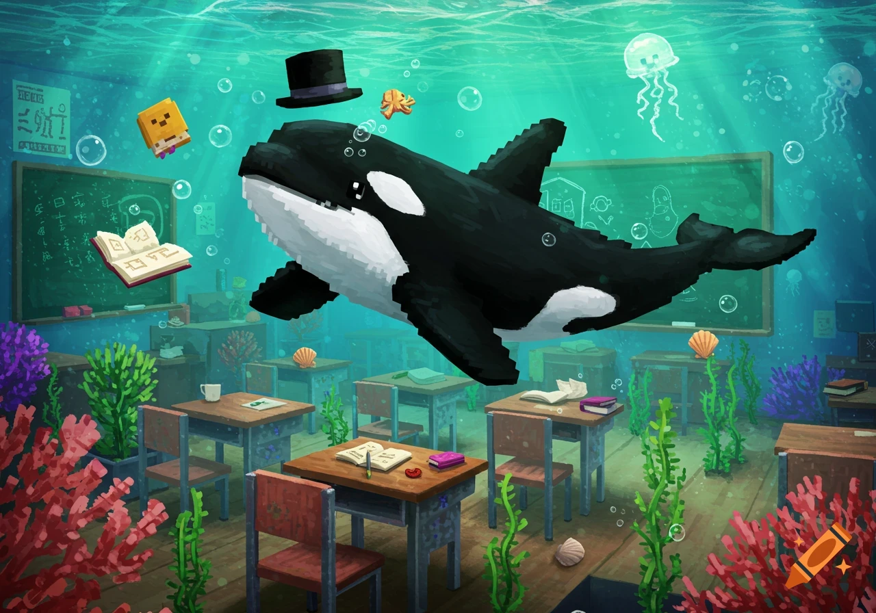 A pixelated orca in a top hat floats in an underwater classroom with desks, coral, and jellyfish.
